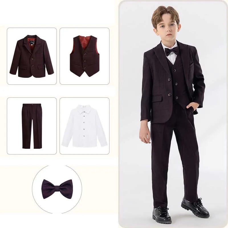 Children Navy Blue Spring 4Piece/Set Jacket Vest Pants Bowtie Piano Dress Kids Ceremony Photograph Suit Boys Performance Costume