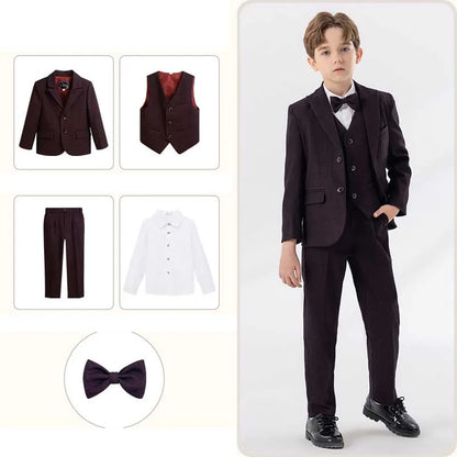 Children Navy Blue Spring 4Piece/Set Jacket Vest Pants Bowtie Piano Dress Kids Ceremony Photograph Suit Boys Performance Costume
