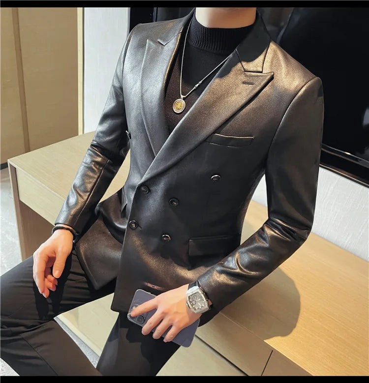 Retro Double Breasted Leather Jacket Mens High-end Fashion Slim Fit business Casual Suit Coat Formal Social Party Prom Tuxedos