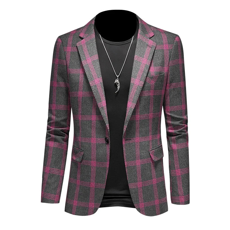 2025 Slim Fit Men's Casual Suit Handsome Fashion Plaid Blazer Polyester Business Wedding High-Quality Male Attire