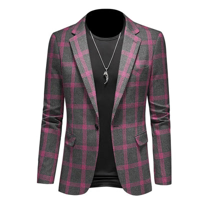 2025 Slim Fit Men's Casual Suit Handsome Fashion Plaid Blazer Polyester Business Wedding High-Quality Male Attire