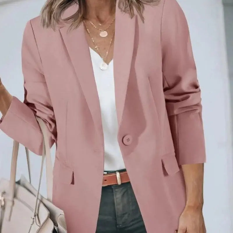 Fall 2024 Women's Casual Long Sleeve Button-Up Collar Pocket Single-Breasted Office West Suit Polyester Blend Fashion Style