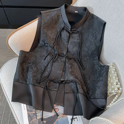 New Chinese Style Black Women Loose Fit Vest Coat Spring Autumn Female Jacquard Camisole 2024 Ladies Cardigan Waistcoat  Jacket