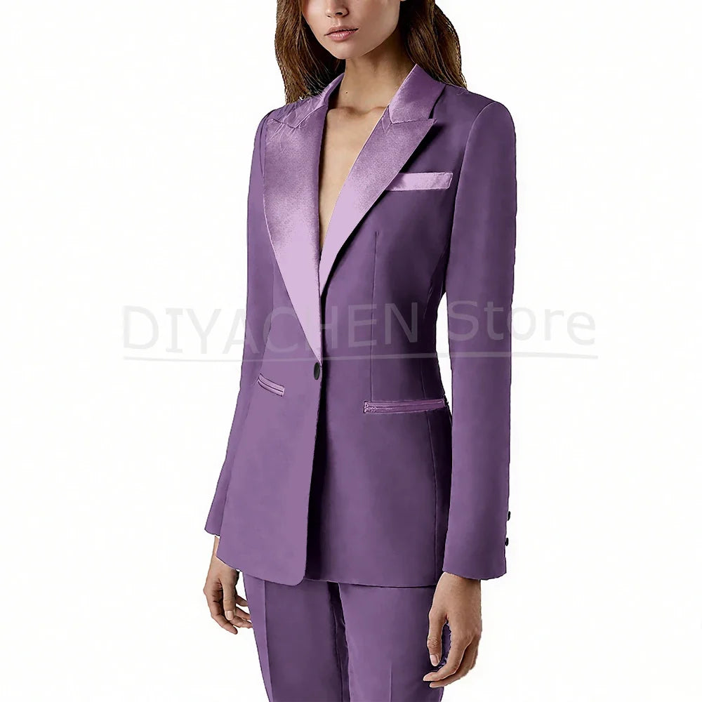 Pants Sets 2 Piece Fashion Satin Peak Lapel Single Button Solid Color Outfits Chic Casual Slim Daily Office Women's Suit