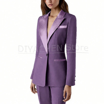 Pants Sets 2 Piece Fashion Satin Peak Lapel Single Button Solid Color Outfits Chic Casual Slim Daily Office Women's Suit