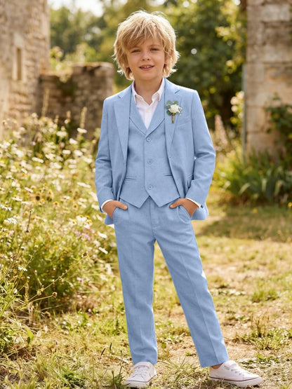 Summer Linen Boys Suit Set 3 Pieces Beach Wedding Wear Casual Notched Lapel Kids Slim Fit Tuxedo For Birthday Party 2-20T