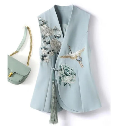 2025 New Spring Chinese National Style Elegant Women Vest Heavy Industry Embroidery Sleeveless Jacket Cardigan Female Waistcoat
