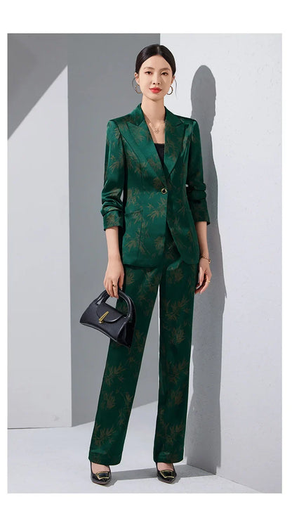 Two-Piece Leaf Print Blazer Pantsuits Set for Women Office Ladies Business Single Buttons Formal Spring Autumn Trousers Suit