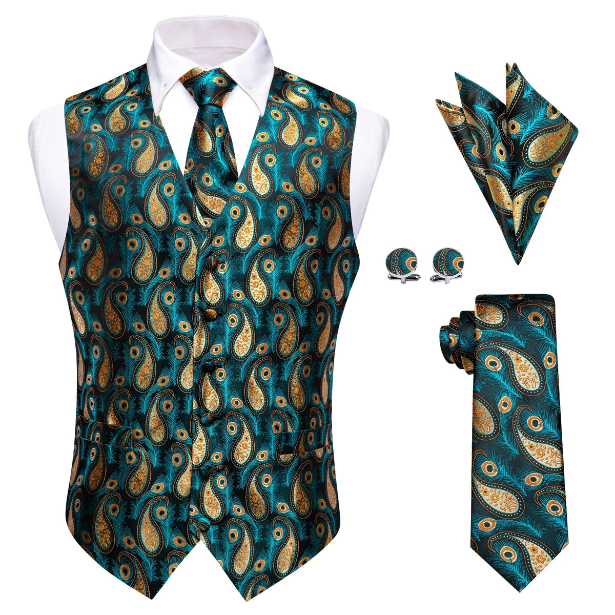 Men's Formal Vest Paisley Jacquard Wedding Waistcoat with Tie & Pocket Square Set