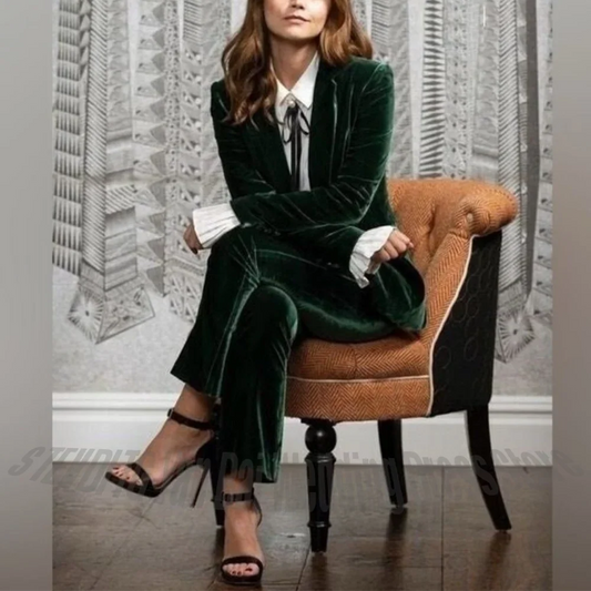 Dark Green Velvet Women's Suit High Quality Formal Outfit Slim Notch Lapel Smart Casual Office Lady Elegant Clothes Set 2 Pieces