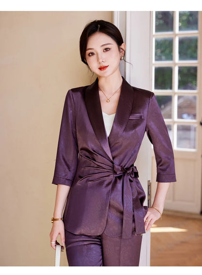 Designer Splicing Women Senior Luxurious Blazer Suit Pants Set Soft Satin Silk Office Lady Solid Coat Big Size Elegant Jacket