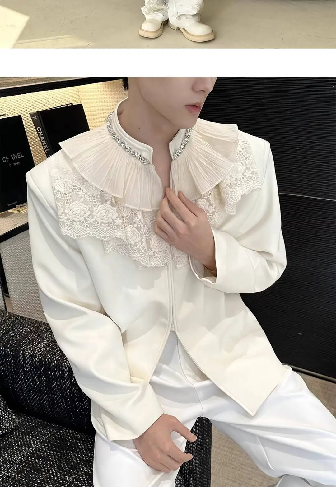 2026 New Personalized Lace Patchwork Stand Collar Diamond-Embellished Blazer Coat Men Fashion Luxury Casual Jacket JY6215