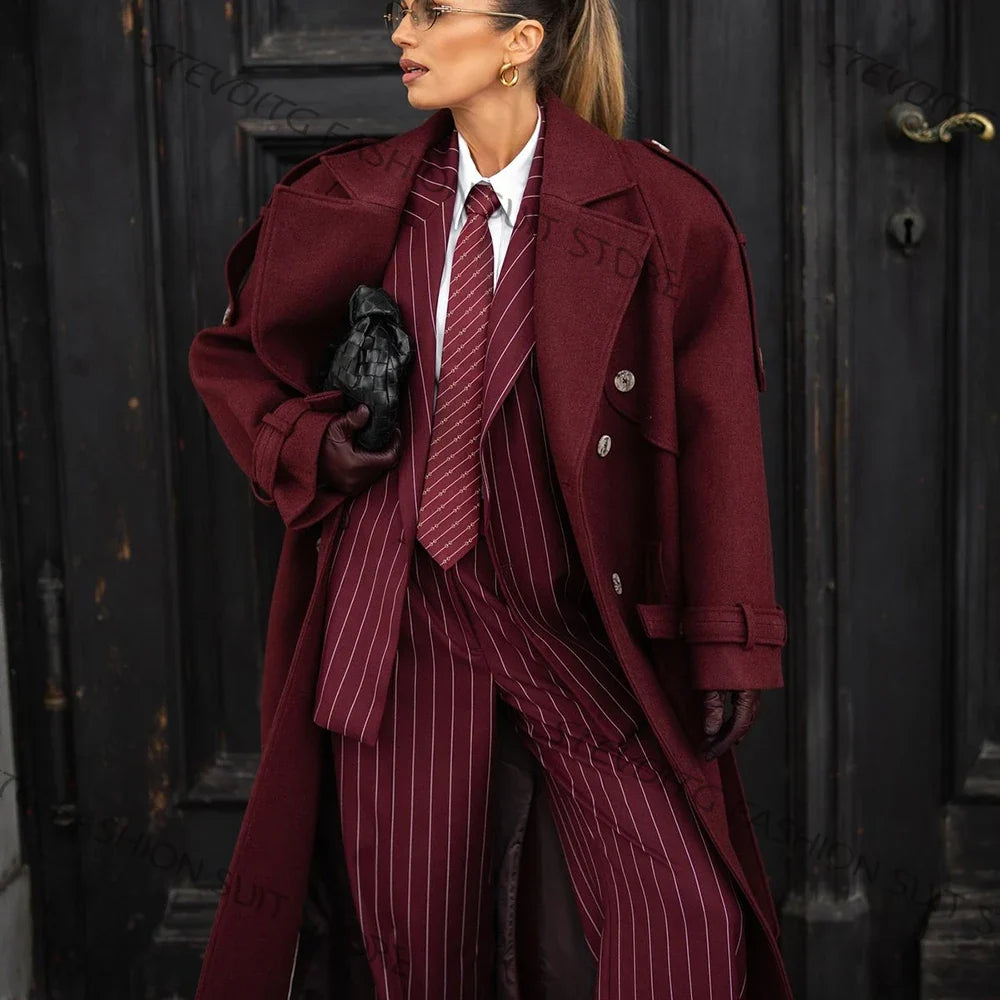 Bold Burgundy Pinstripe Women's Two-Piece Suit Oversized Jacket+Pants Professional Matching Sets Office Lady Streetwear Outfit