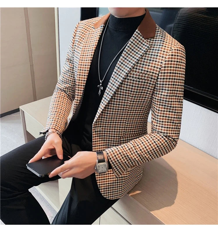 Men's High-Quality Fashion Suit Jacket Handsome Business Casual All-In-One Single-Breasted Checkered Design