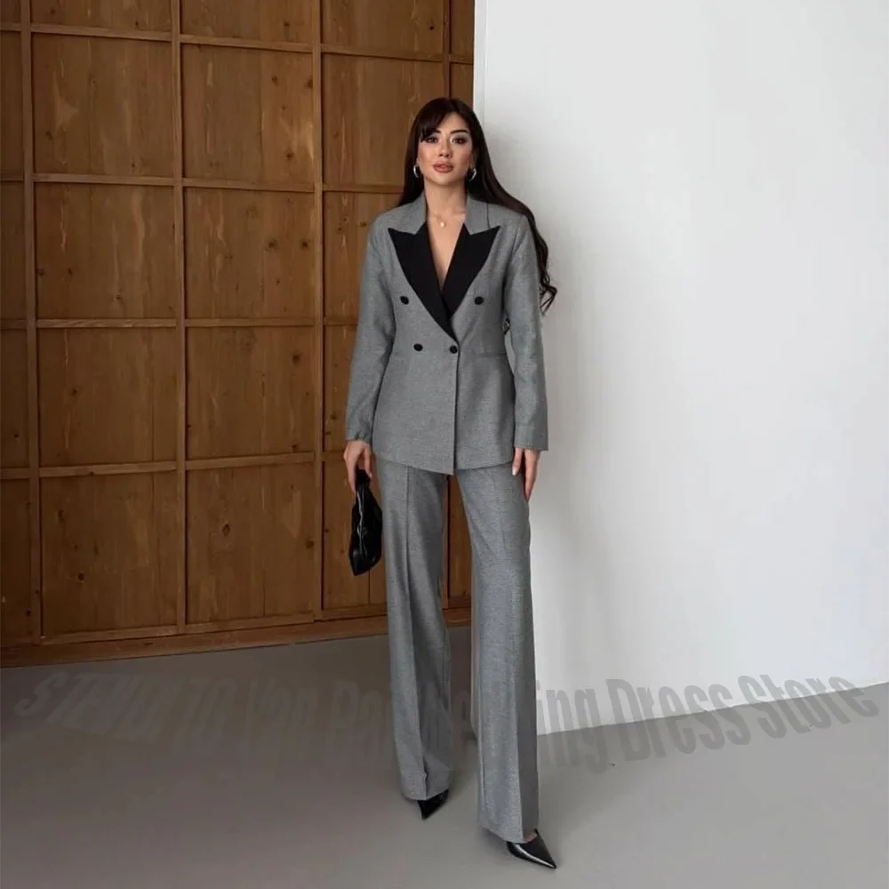 Grey Women Suit 2 Pieces Peaked Lapel Straight Fit Formal Business Outfit for Office Work Wedding Guest Party Streetwear Fashion