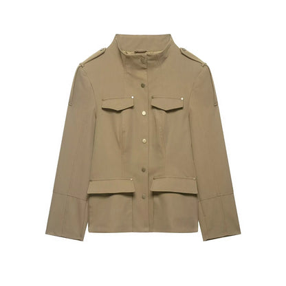 Fashion Women Slim Safari Blazer Jacket 2026 Stand Collar Long Sleeve Pocket Vintage Trench Coat Female Elegant Street Blazer