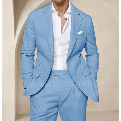 High Quality 2 Piece Blue/Beige Linen Men Suit Smart Casual Single Breasted Slim Fit Notch Lapel Blazer with Pants Costume Homme