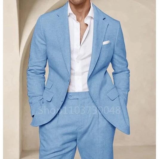 High Quality 2 Piece Blue/Beige Linen Men Suit Smart Casual Single Breasted Slim Fit Notch Lapel Blazer with Pants Costume Homme
