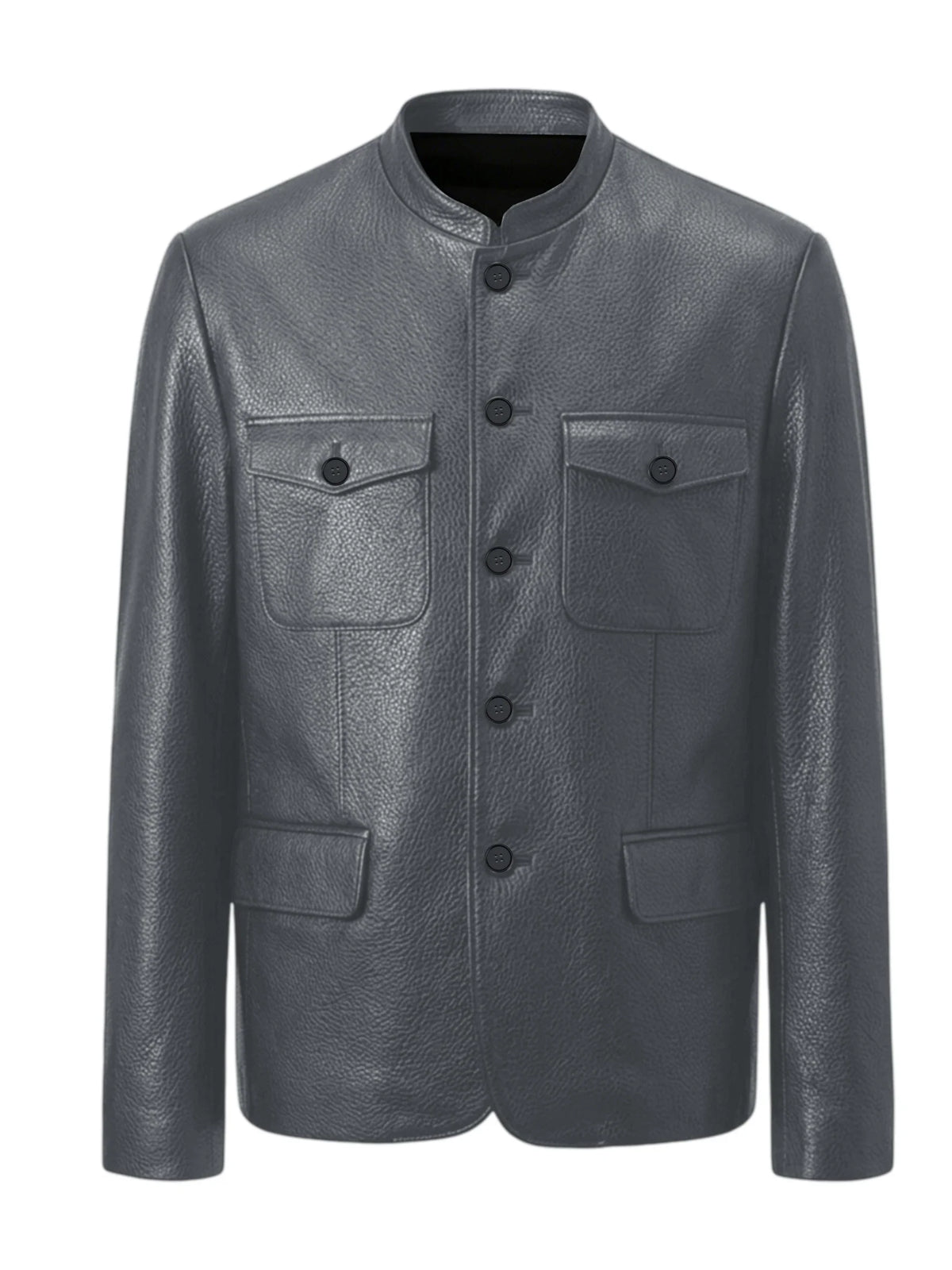 Men Premium Leather-Like Stand Collar Jacket Single Breasted Casual Multi-Pocket Slim Fit Business Outerwear