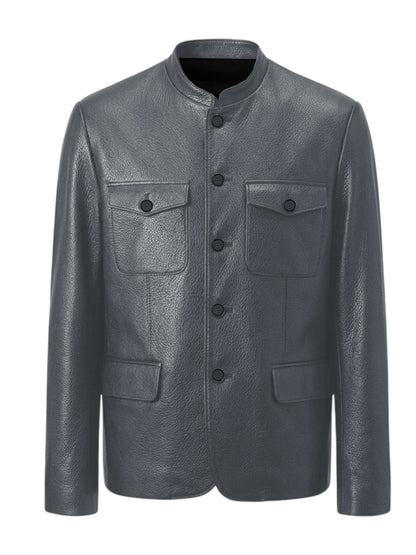 Men Premium Leather-Like Stand Collar Jacket Single Breasted Casual Multi-Pocket Slim Fit Business Outerwear