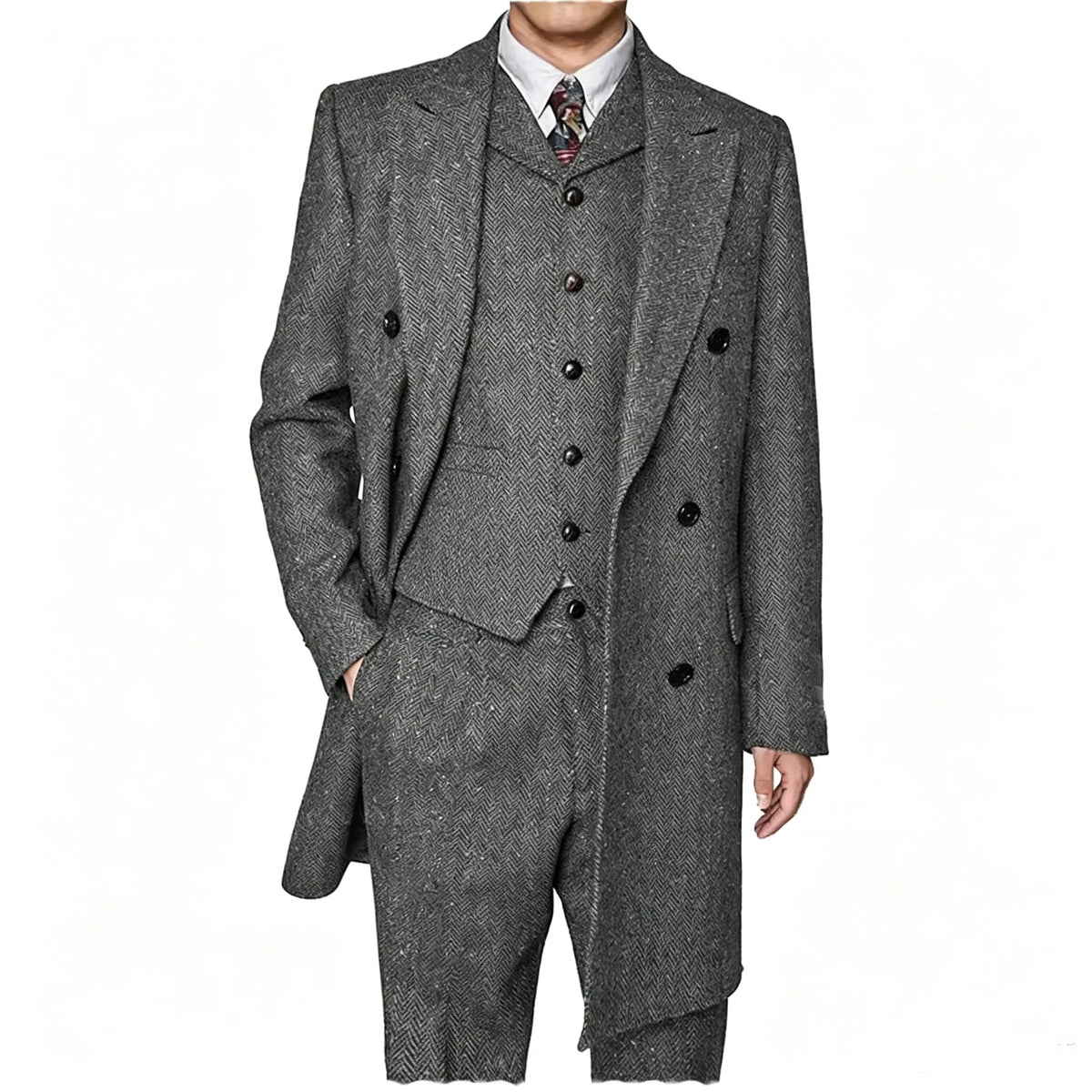 Men Vintage Herringbone Tweed 3 Piece Suit Double Breasted Overcoat Vest Pants Wedding Busines British Style Wool Blend Suit Set