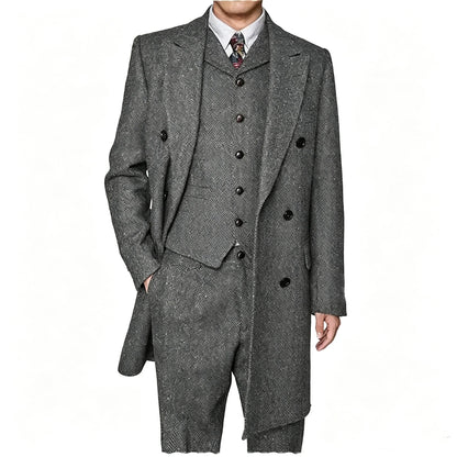 Men Vintage Herringbone Tweed 3 Piece Suit Double Breasted Overcoat Vest Pants Wedding Busines British Style Wool Blend Suit Set