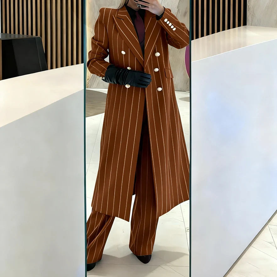 Burgundy Women's Suits Pinstripe Double Breasted Peaked Lapel Long Coat+Pants Set Elegant Formal Office Evening Party Outfit
