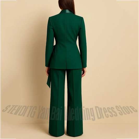 Green Women Suit Bow Belt Blazer Suit Satin Peak Lapel Straight Leg Pants Two Piece Outfit Evening Wedding Guest Formal Suit