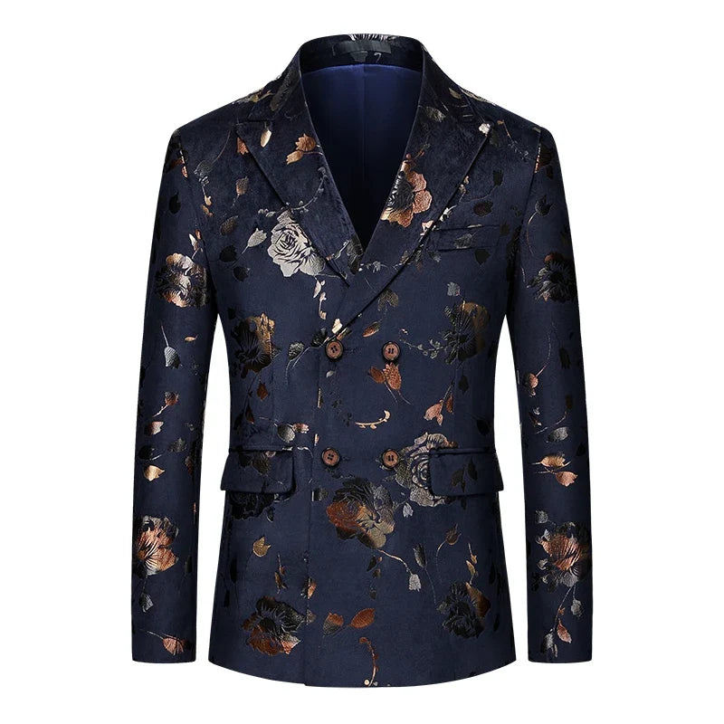 Men's Double Breasted Blazer Handsome Trend Casual Wedding Business Fashion High Quality Flowers Costume Homme De Luxe