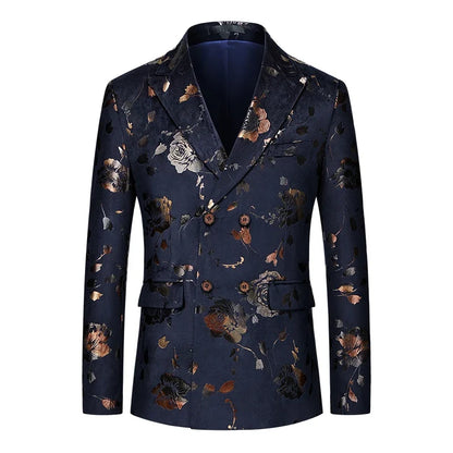 Men's Double Breasted Blazer Handsome Trend Casual Wedding Business Fashion High Quality Flowers Costume Homme De Luxe
