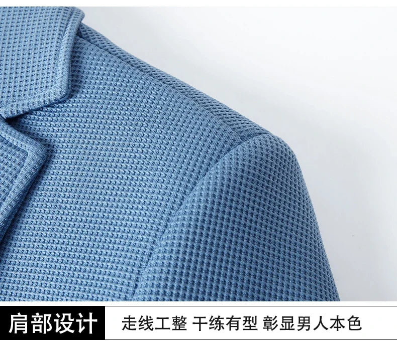 New men's suit jacket with non-stretch flat collar, waffle pattern, for business casual and fitted formal wear.