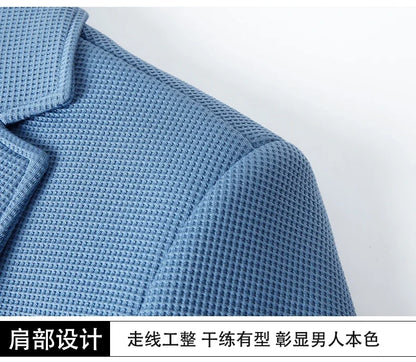 New men's suit jacket with non-stretch flat collar, waffle pattern, for business casual and fitted formal wear.
