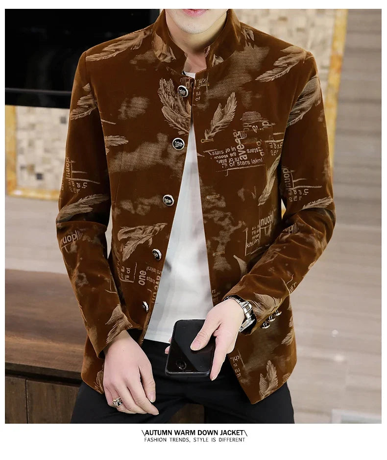 Luxury Retro Velvet Suit Jacket for Men Fashion Slim Fit Stand Collar Blazer Masculino Casual Business Wedding Dress Coat 2023