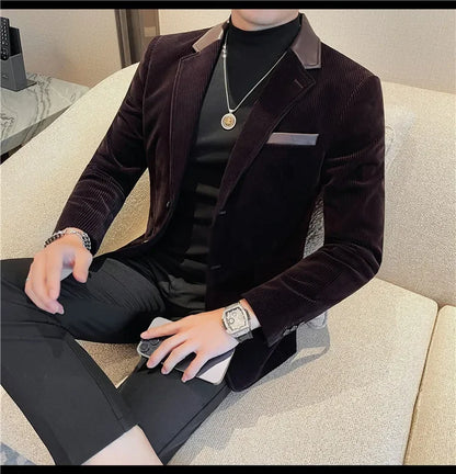 Autumn Winter Corduroy Suit Coat For Men Korean Elegant Slim Fit Business Formal Dress Coats Groom Wedding Tuxedo Suit Jacket