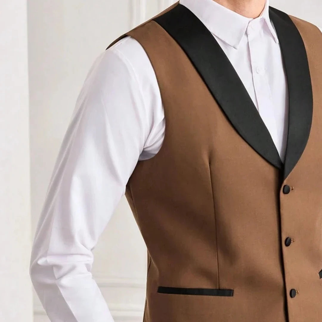 Men's Suit Vest – Single Breasted Brown Waistcoat with Black Lapel for Weddings & Formal Occasions