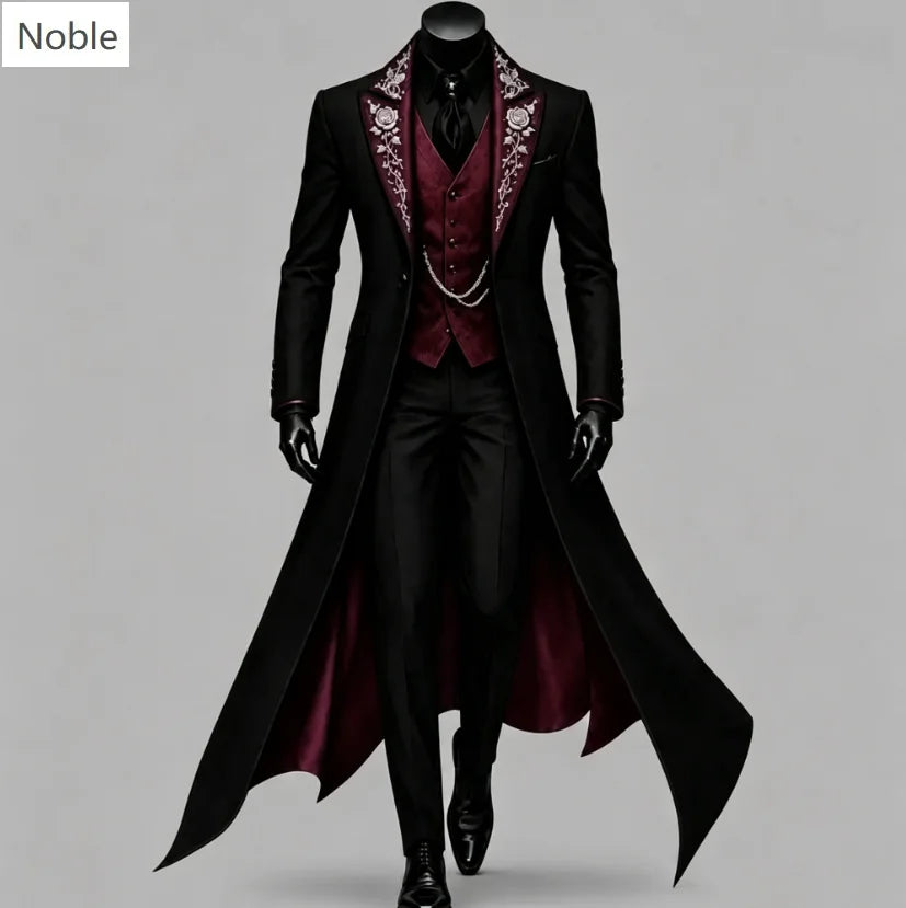 Men Black Gothic Long Tail Coat 3 Pieces Suit Jacket Purple Vest Pants Set Tuxedo Formal Banquet Wedding Cosplay Customized