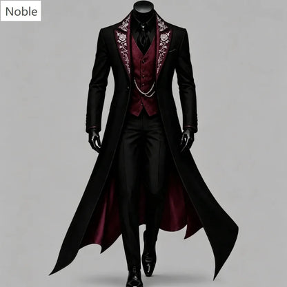 Men Black Gothic Long Tail Coat 3 Pieces Suit Jacket Purple Vest Pants Set Tuxedo Formal Banquet Wedding Cosplay Customized