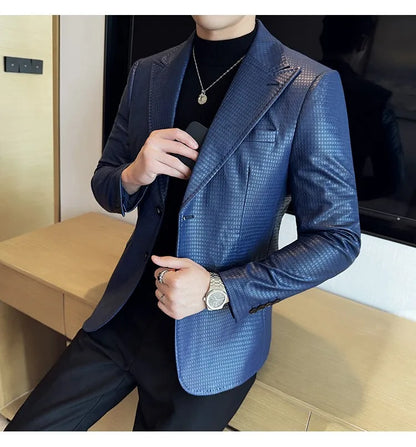 Korean Waffle Leather Suit Jacket Men's Business Casual PU Leather Blazer Slim Fit Wedding Groom Office Social Formal Coats 2026