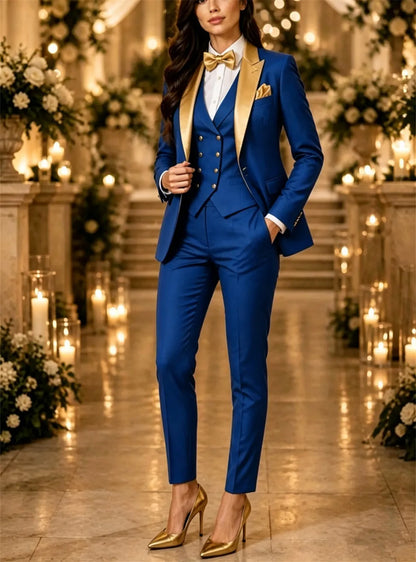 New Women's Suits 3 Pcs Golden Lapel Elegant Wedding Outfits Set Business & Party Wear Outfits (Blazer+Vest+Pants) Tailor Made