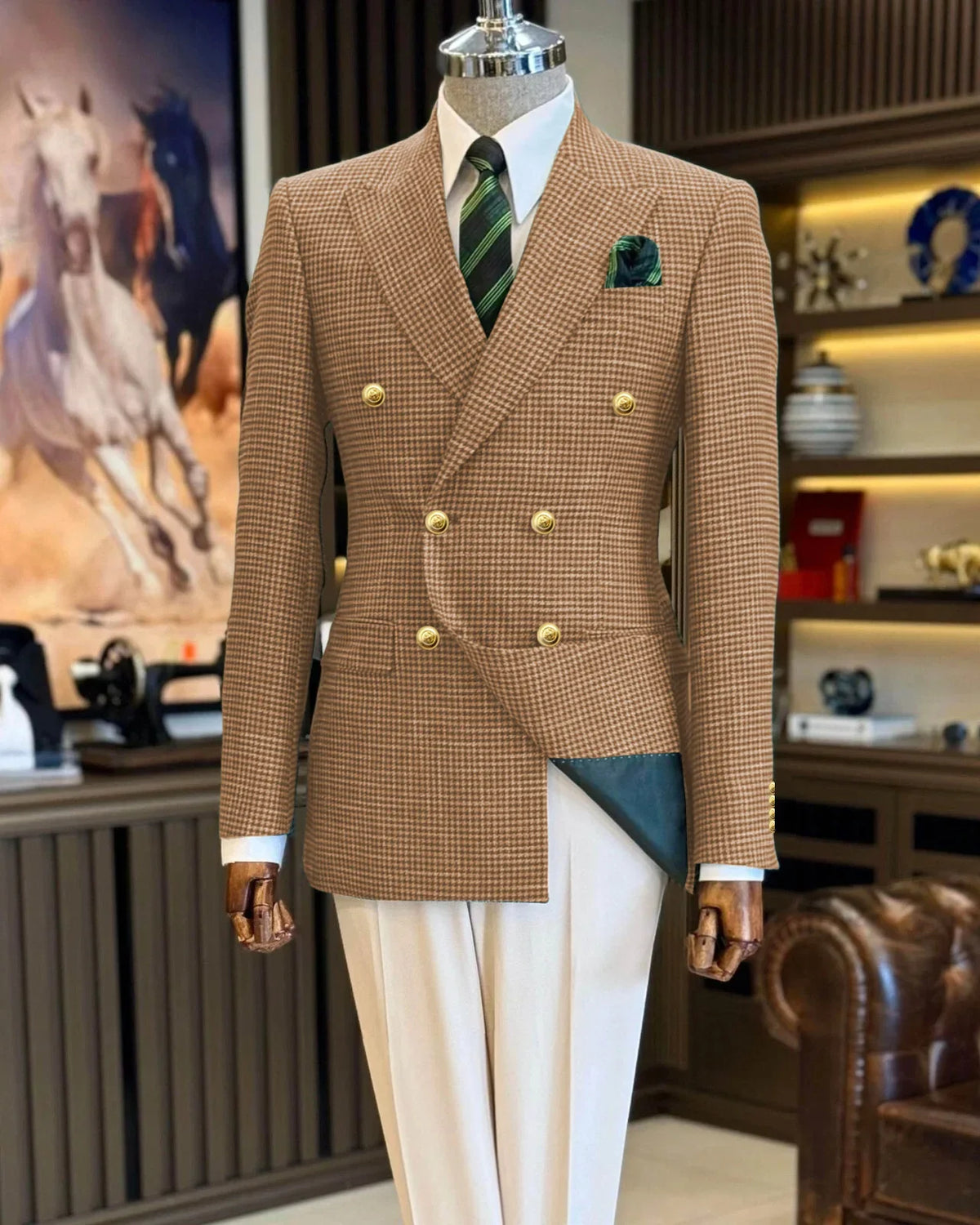 Black Men's Suit Jacket Houndstooth Peak Lapel Double Breasted Business Regular Fit Blazer Man plus size custom suit Coat