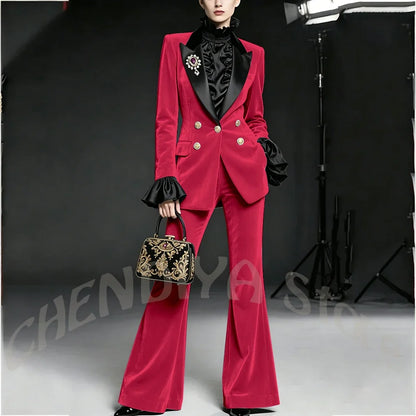 Wine Red Women Suit Stylish Velvet Elegant Outfit Peaked Lapel Blazer Pants Evening Party Prom Female Clothing Two Pieces