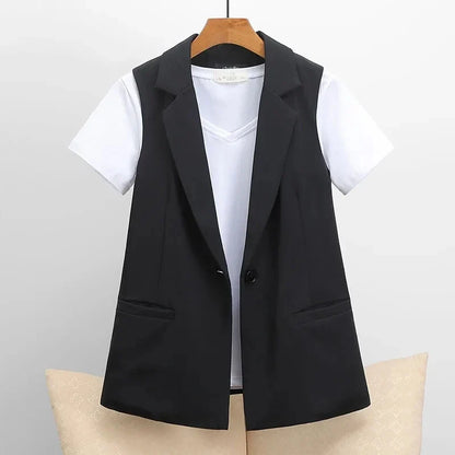 Autumn New Casual Lined Blazer Vest For Women Korean Loose Single Buckle Sleeveless Suit Coat Female Waistcoat Black Vest