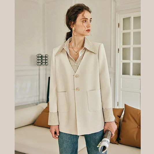 Women 2026 New Fake Two-piece Shirt Splicing Blazer Loose V Neck Contrast Stripe Elegant Commute Suit Coat G23CW68620