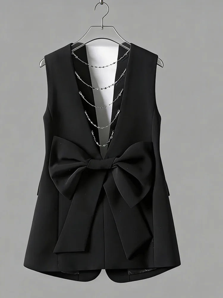 Elegant Slim-Fit Black Sleeveless Blazer Vest Women Backless Bow Tie Chain Decor Formal Office Waistcoat 2026 New