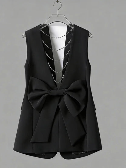 Elegant Slim-Fit Black Sleeveless Blazer Vest Women Backless Bow Tie Chain Decor Formal Office Waistcoat 2026 New