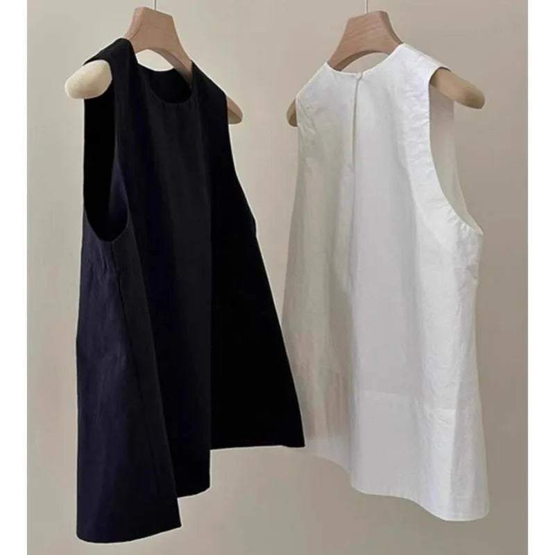 Korean Lady Fashion Solid Color Pullover Vest Shirt Summer Women Round Neck Sleeveless Spring Female Casual Short Waistcoat Tops
