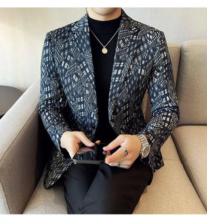 Korean Slim Fit Casual Suit Jacket for Men Fashion Camouflage Business Social Blazers Wedding Streetwear Dress Coat Men Clothing