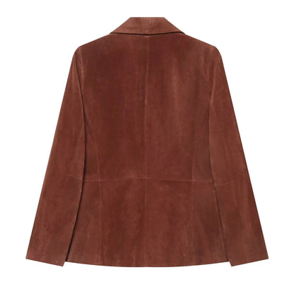 Vintage Women's Suede Texture Slim Blazer 2026 Autumn Double Breasted Lapel Suit Jacket Female Elegant Office Coat Outerwear