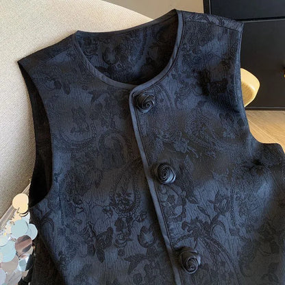 Vintage Chinese Jacquard Vest Jacket Women 2025 New Spring Summer  Rose Button Sleeveless Waistcoat Chic Female Top