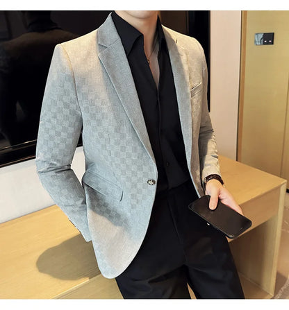 2024 Spring Plaid Blazers Men Single Breasted Casual Business Suit Jacket Fashion Slim Social Banquet Wedding Groom Dress Coats